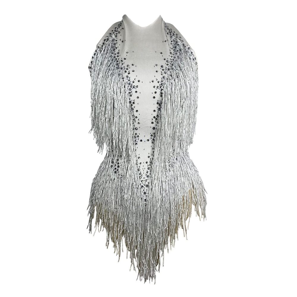9760 Sparkly Diamante Fringe Bodysuit Sexy Dancer Celebrate Outfit Prom Bar